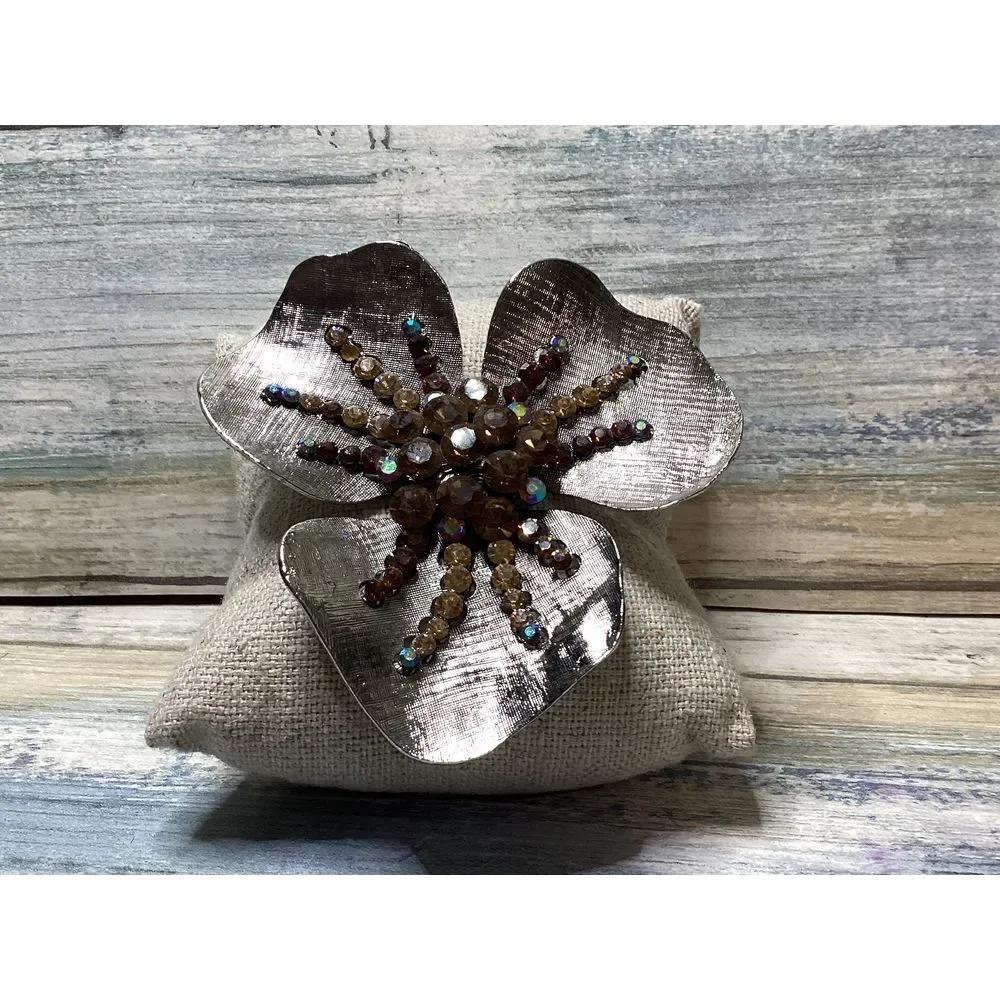 Erica Lyons Brooch pin Flower crystal beads Large silver tone Brown sparkle NWOT